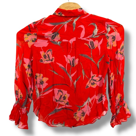 Milly Red Pink Tulip Floral Print Rayon Blouse Ruffle Cuff Button Down Size M - Picture 2 of 6